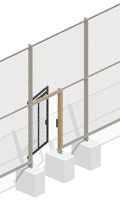 Einflügelige Tür, farbig markiert: Rahmen aus Stahlprofilen, Drahtzaun, Anschlussprofile, Holzprofile