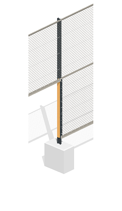 Solidos-Torpfosten, farbig markiert: IPE-Träger, vertikale Anschlussprofile, Holzprofil